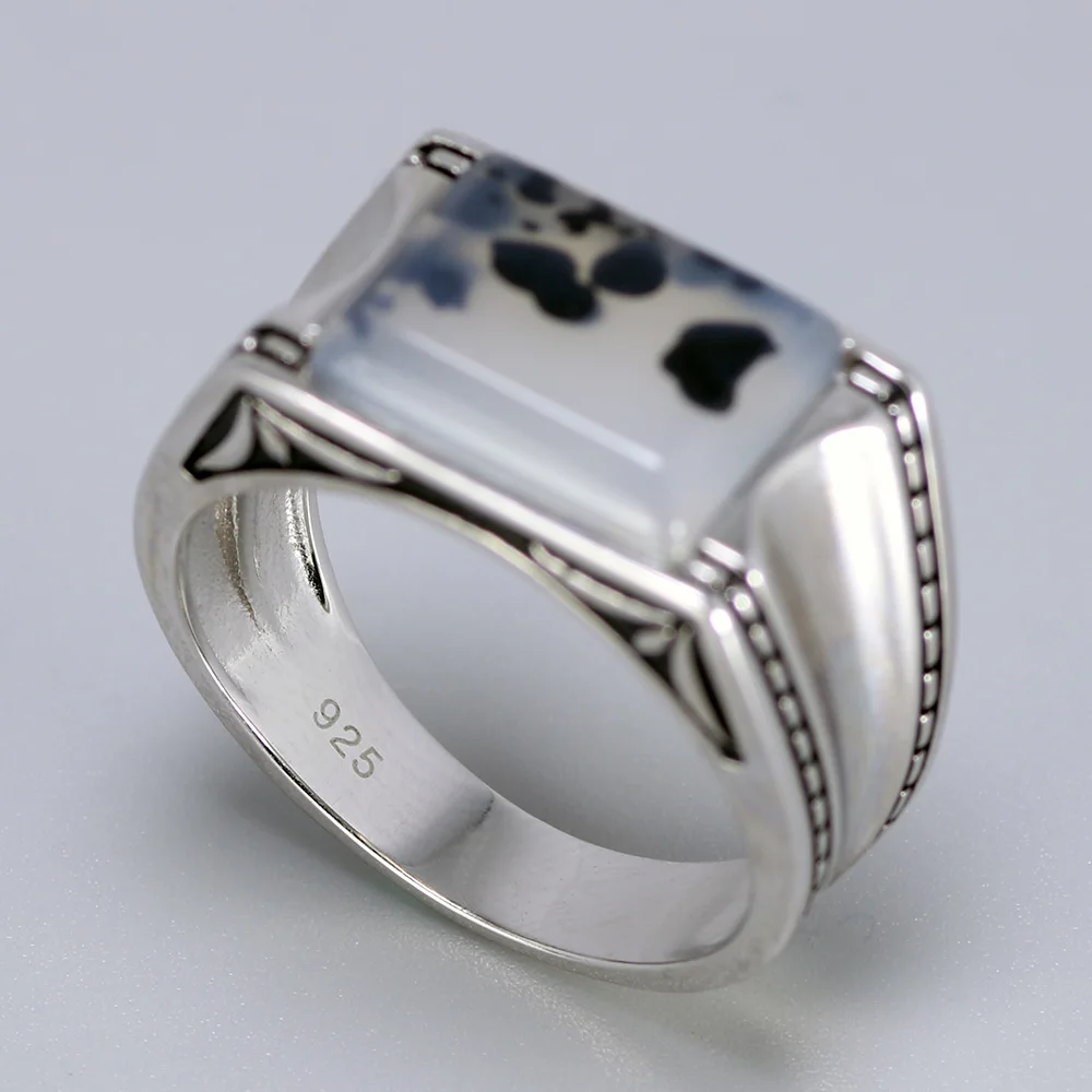 Solid 925 Silver Ring with Natural Agate Stone Turkish Man Jewelry