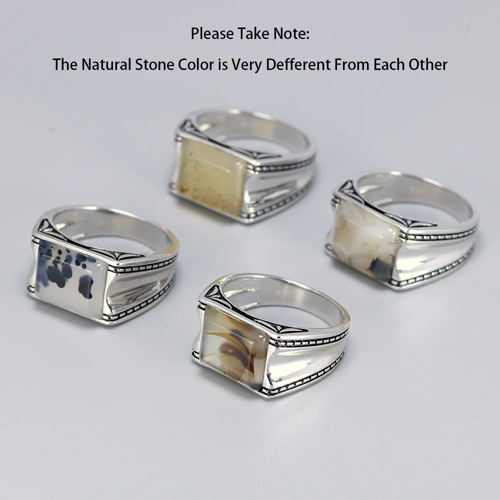 Solid 925 Silver Ring with Natural Agate Stone Turkish Man Jewelry