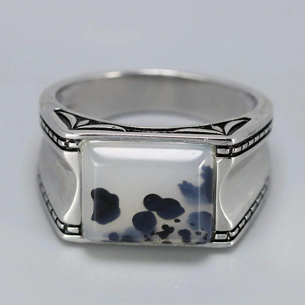 Solid 925 Silver Ring with Natural Agate Stone Turkish Man Jewelry