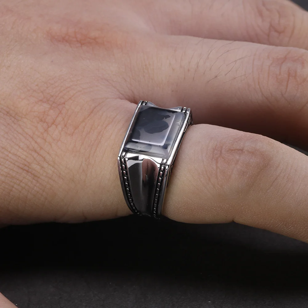 Solid 925 Silver Ring with Natural Agate Stone Turkish Man Jewelry