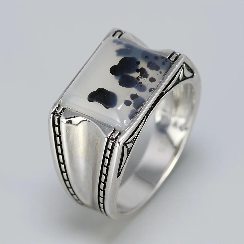 Solid 925 Silver Ring with Natural Agate Stone Turkish Man Jewelry