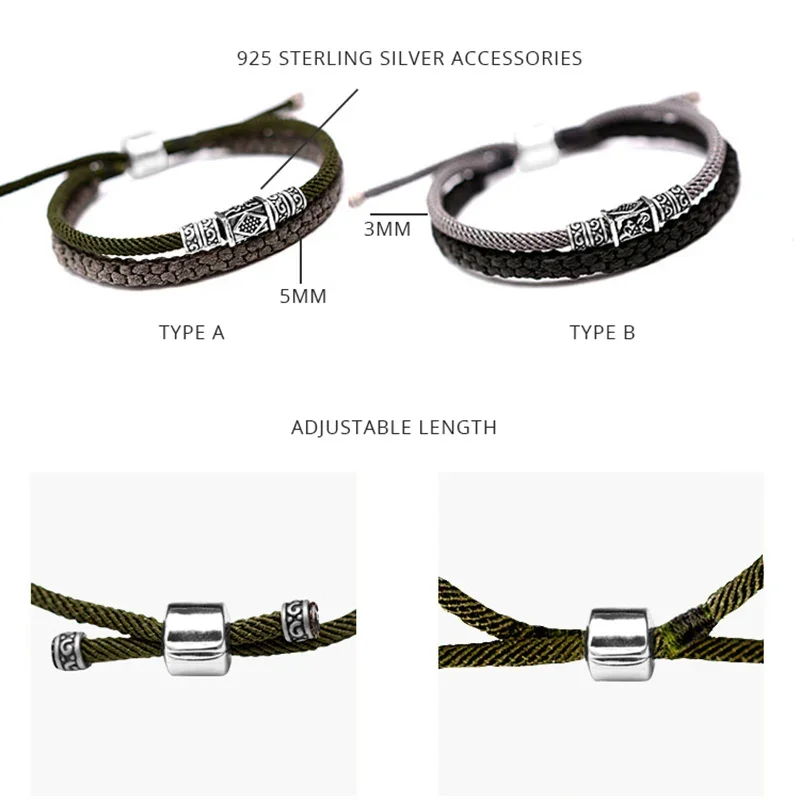 925 Silver Lucky Charm Bracelet Braided For Men Double Layers Adjustable Tibetan Handmade Knots Lucky Rope Bracelet Personalized