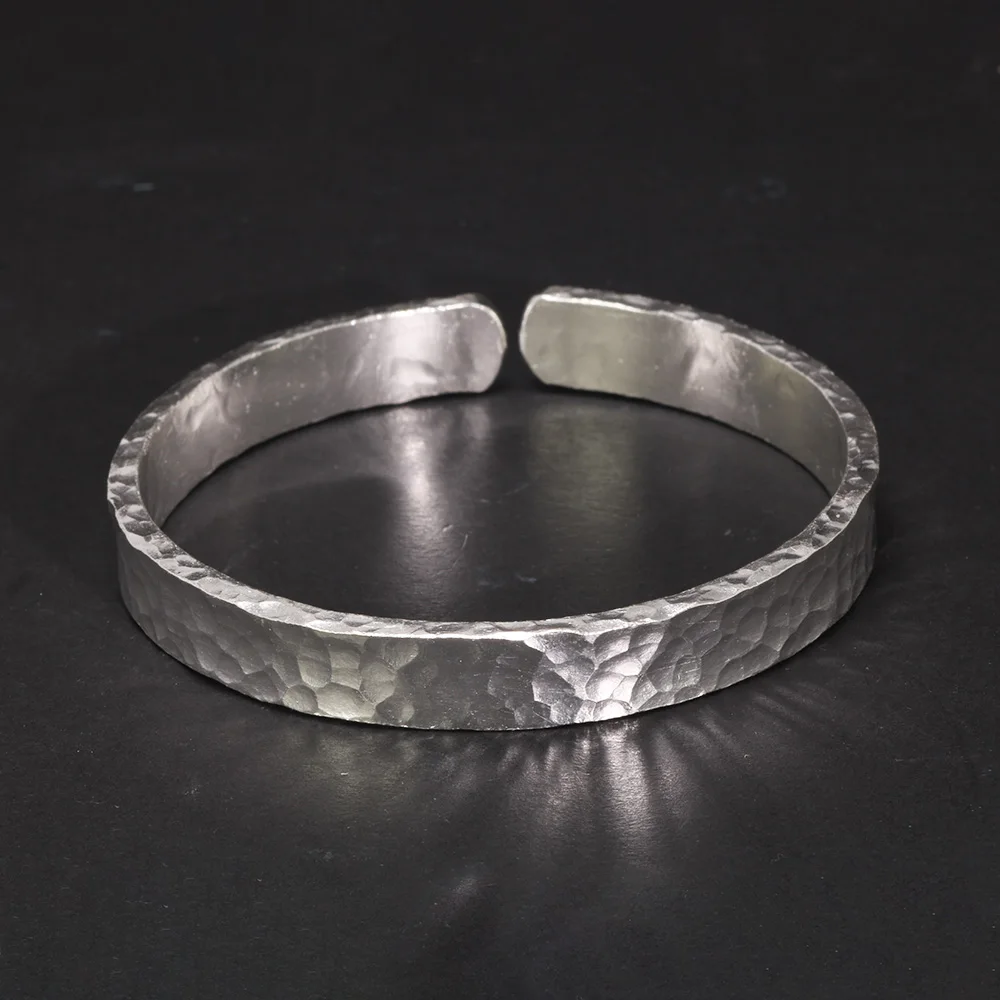 Real 999 Sterling Silver Hammered Bangles Unisex Fine Jewelry