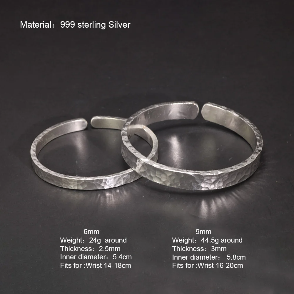 Real 999 Sterling Silver Hammered Bangles Unisex Fine Jewelry