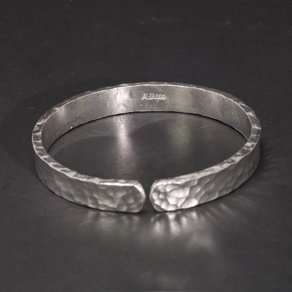 Real 999 Sterling Silver Hammered Bangles Unisex Fine Jewelry