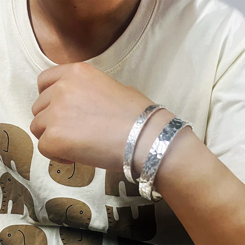 Real 999 Sterling Silver Hammered Bangles Unisex Fine Jewelry