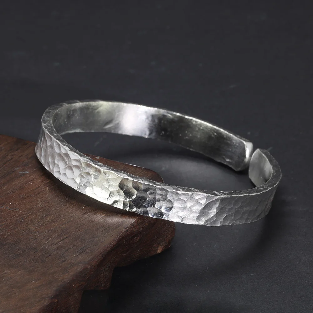 Real 999 Sterling Silver Hammered Bangles Unisex Fine Jewelry