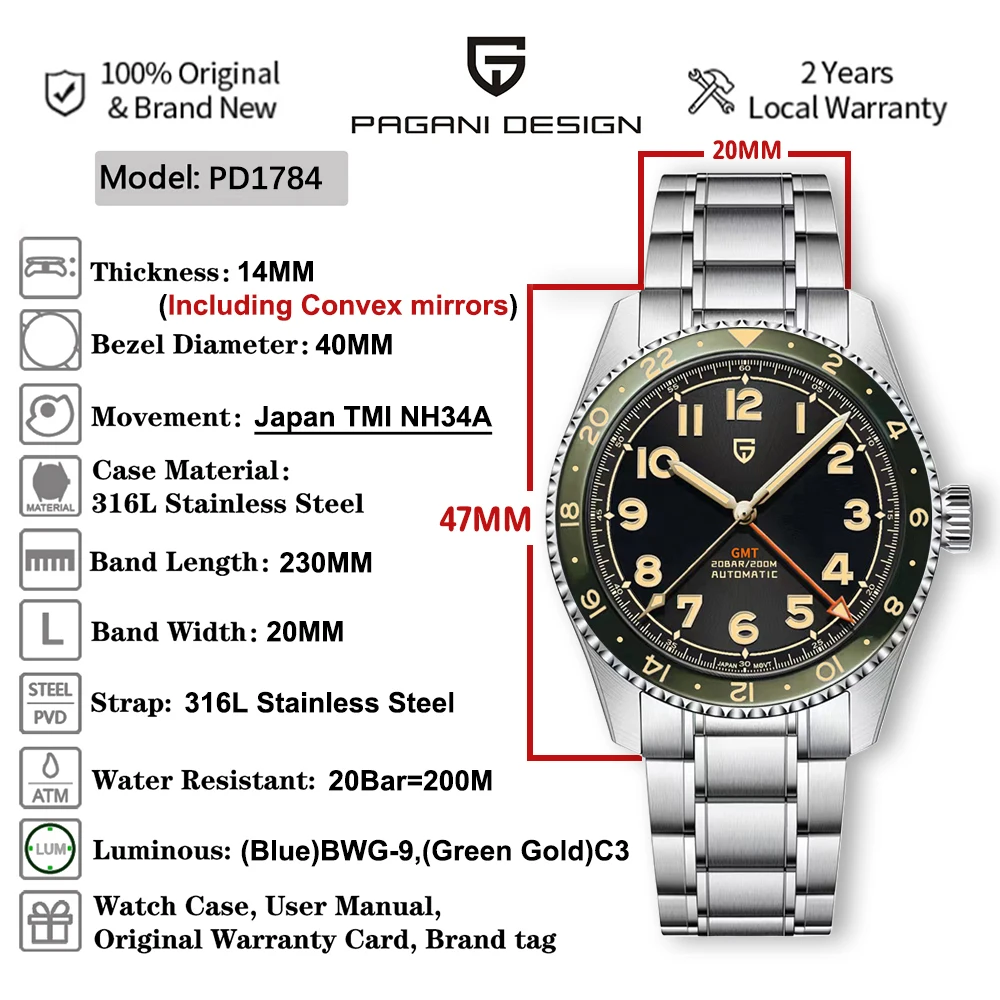 PAGANI DESIGN PD1784 Mechanical Watch 40MM NH34A Automatic Luxury Sapphire Waterproof GMT Watch for Men