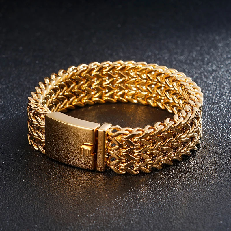 30mm Mesh Link Chain Bracelet for Men Stainless Steel Gold Silver Charm Bangle