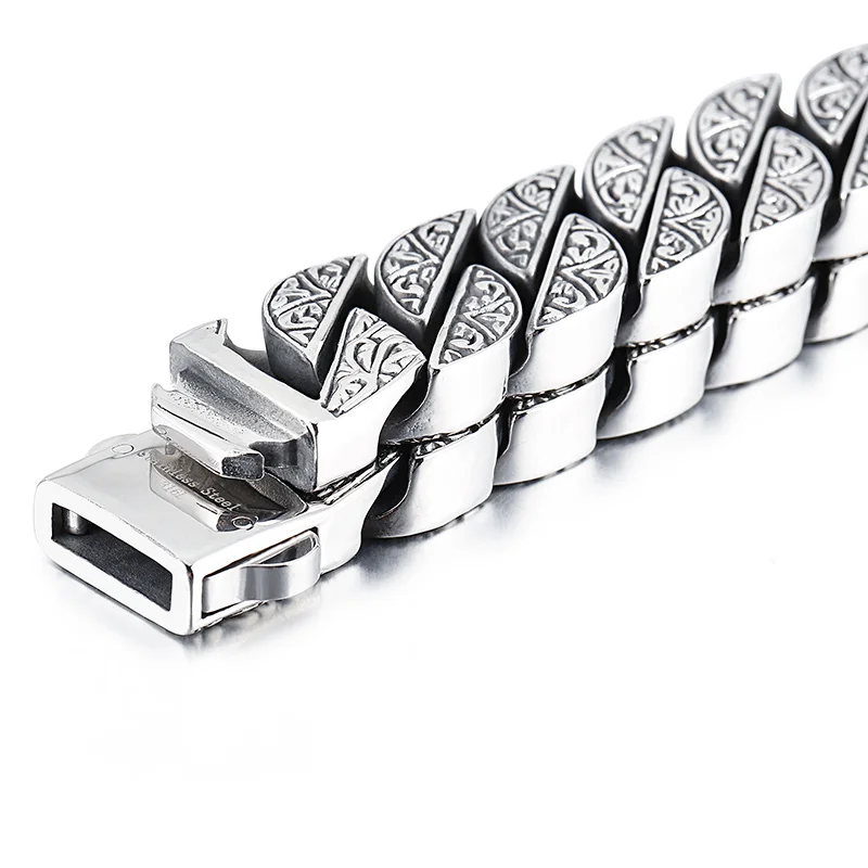 Vintage Viking Carving Cuban Chain Bracelet for Men Stainless Steel Gold and Silver