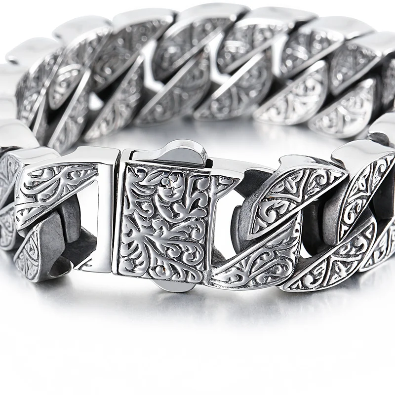 Vintage Viking Carving Cuban Chain Bracelet for Men Stainless Steel Gold and Silver