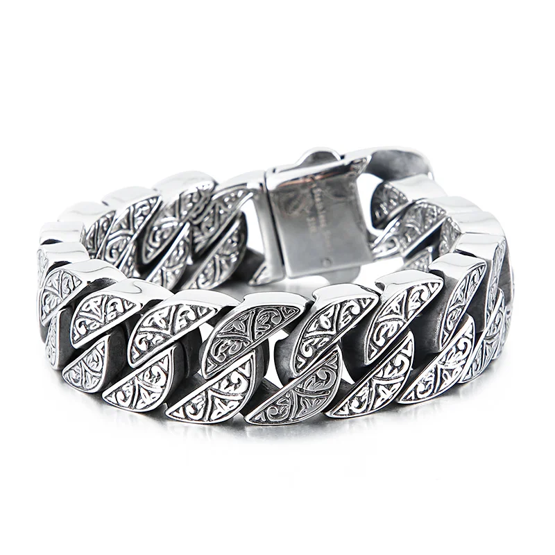 Vintage Viking Carving Cuban Chain Bracelet for Men Stainless Steel Gold and Silver
