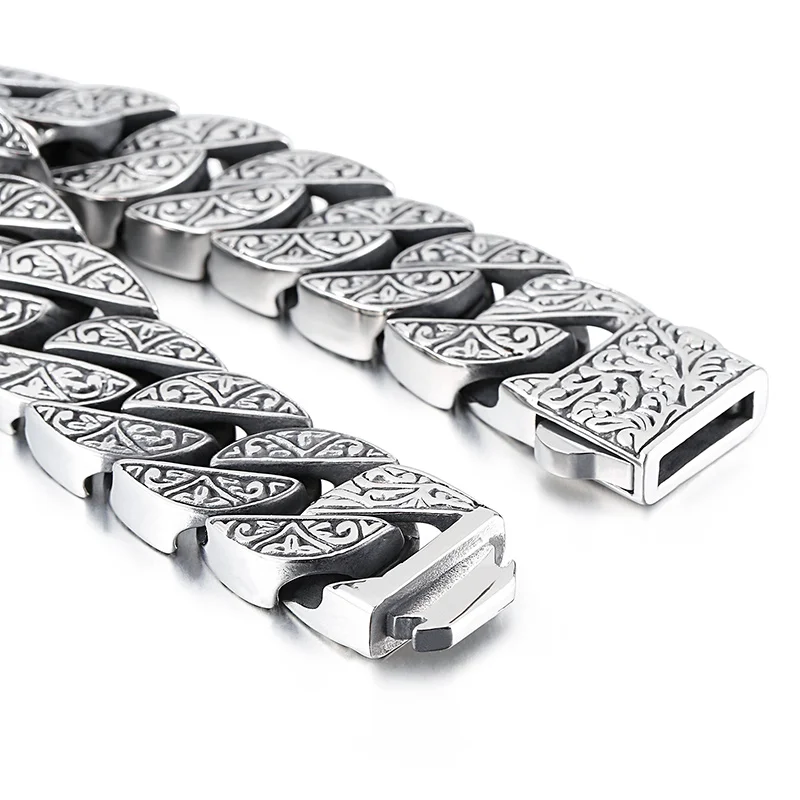 Vintage Viking Carving Cuban Chain Bracelet for Men Stainless Steel Gold and Silver