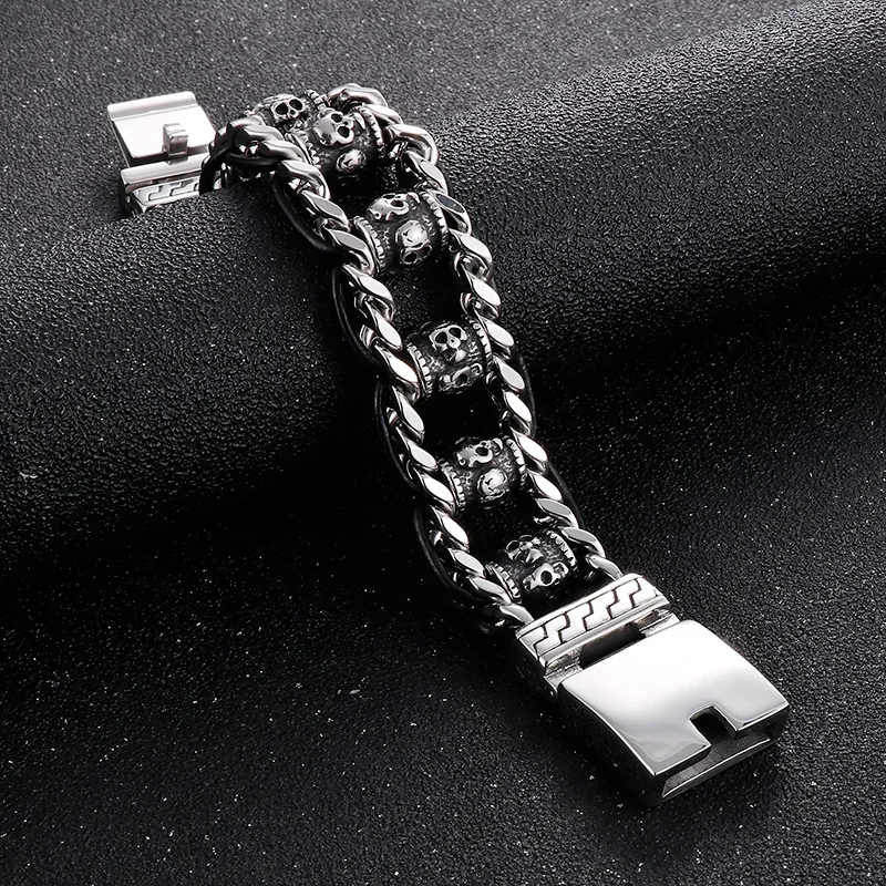 22cm Stainless Steel Bracelet for Men Vintage Skull Symbol Weave Chain Charm Wristband