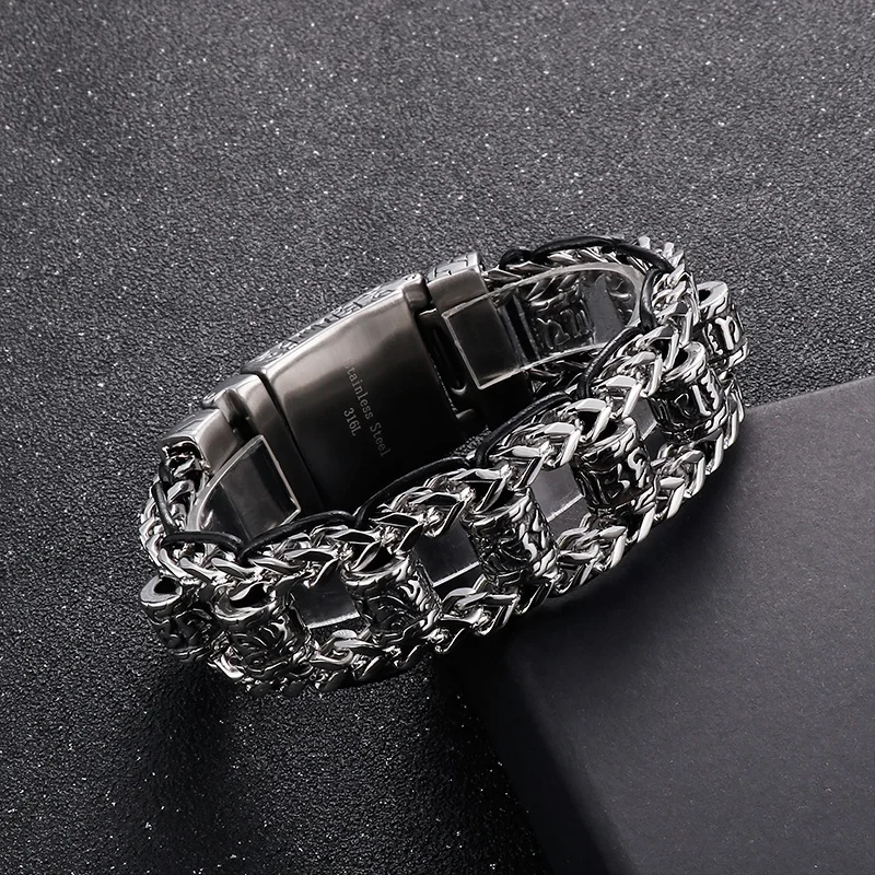 22cm Stainless Steel Bracelet for Men Vintage Skull Symbol Weave Chain Charm Wristband