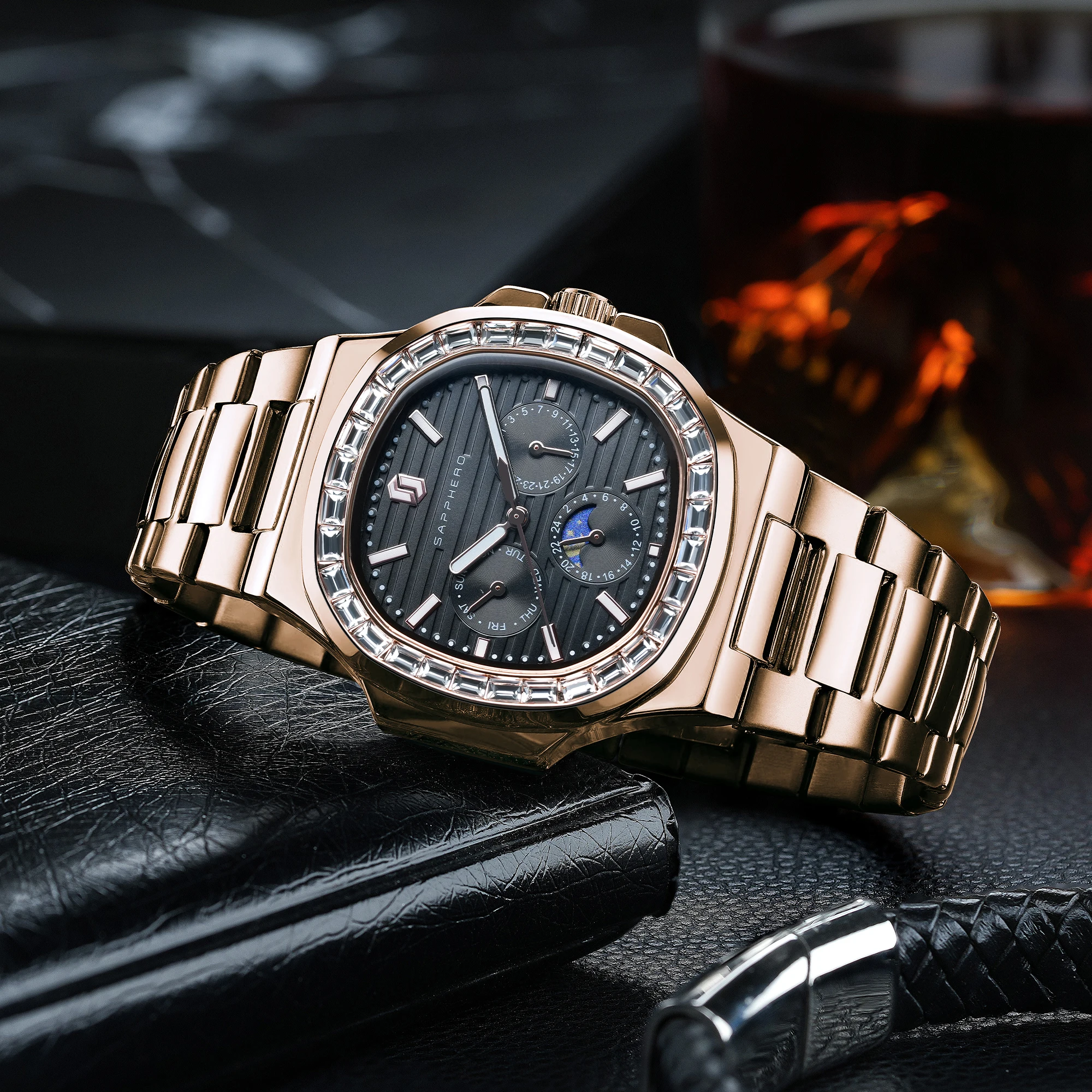 SAPPHERO Square Watch for Men Luxury Diamond Wristwatch Waterproof Date Clock Stainless Steel Quartz Mens Watches