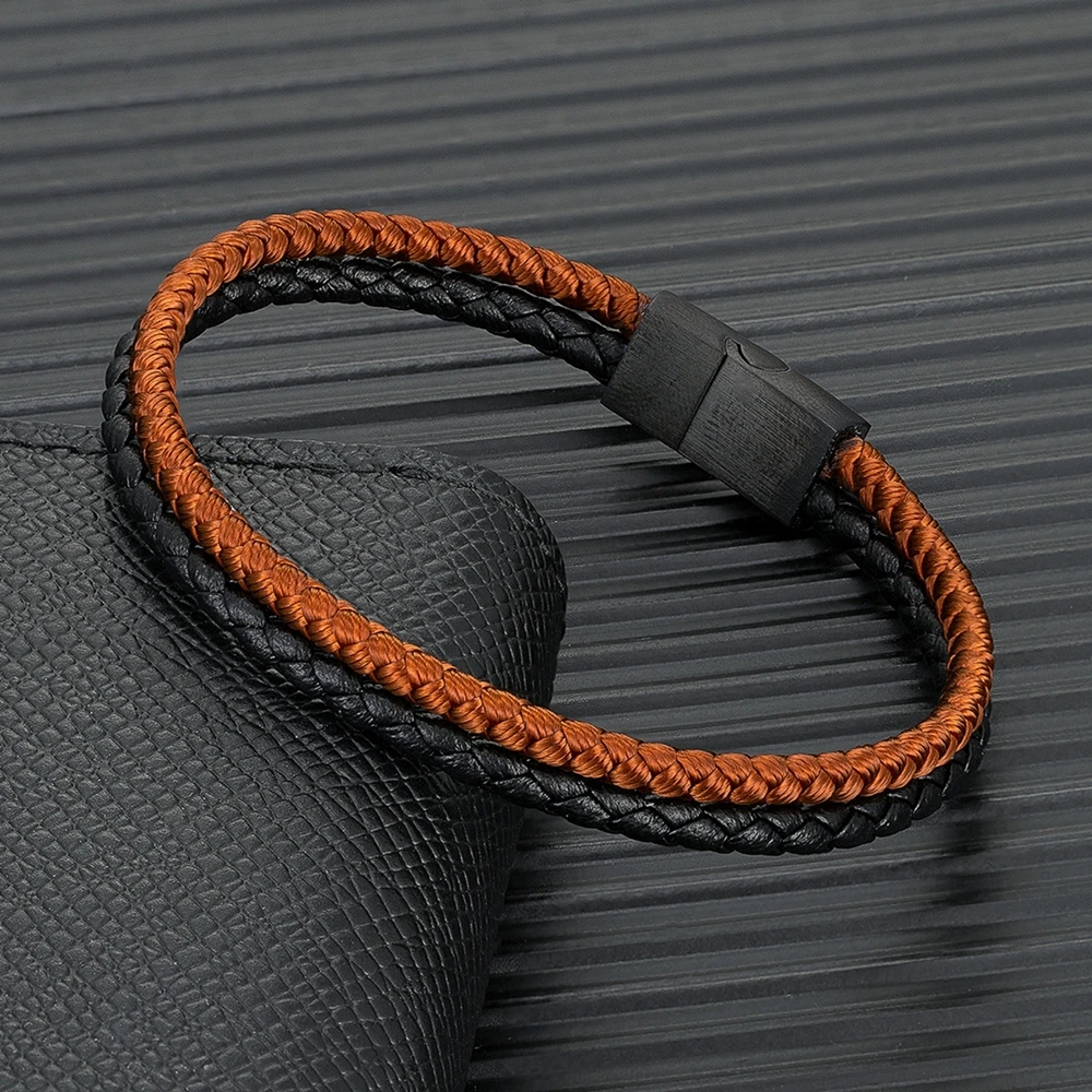 Double Strand Leather Rope Bracelet Minimalist Matte Black Stainless Steel Buckle