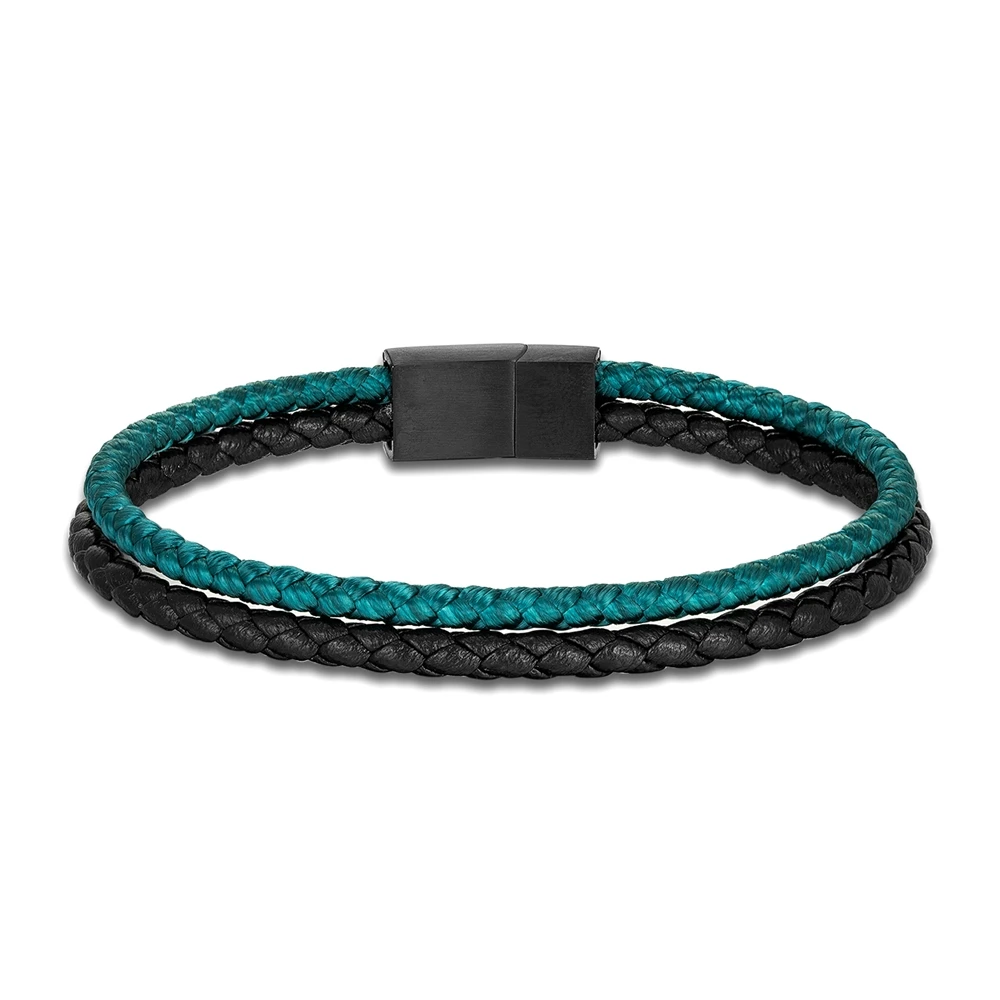 Double Strand Leather Rope Bracelet Minimalist Matte Black Stainless Steel Buckle