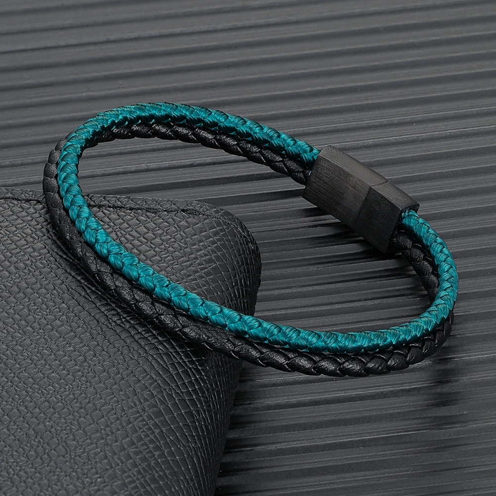 Double Strand Leather Rope Bracelet Minimalist Matte Black Stainless Steel Buckle