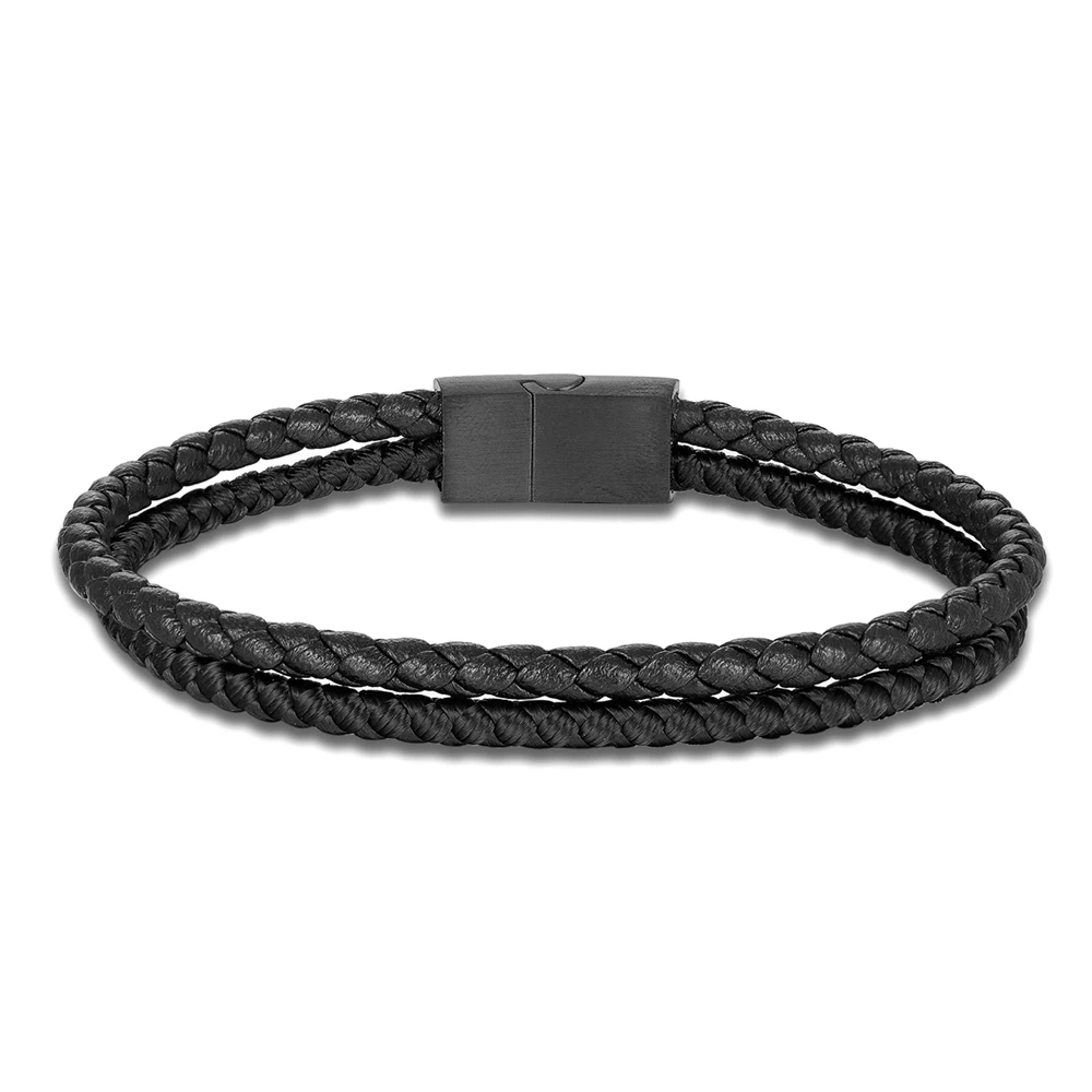 Double Strand Leather Rope Bracelet Minimalist Matte Black Stainless Steel Buckle