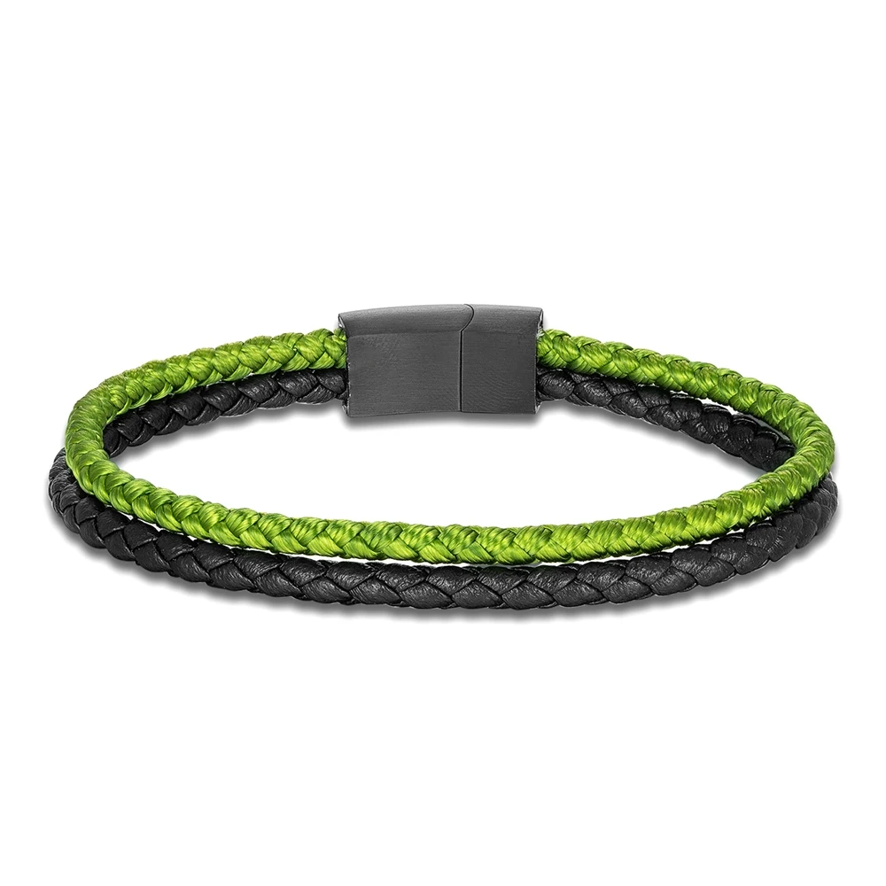 Double Strand Leather Rope Bracelet Minimalist Matte Black Stainless Steel Buckle