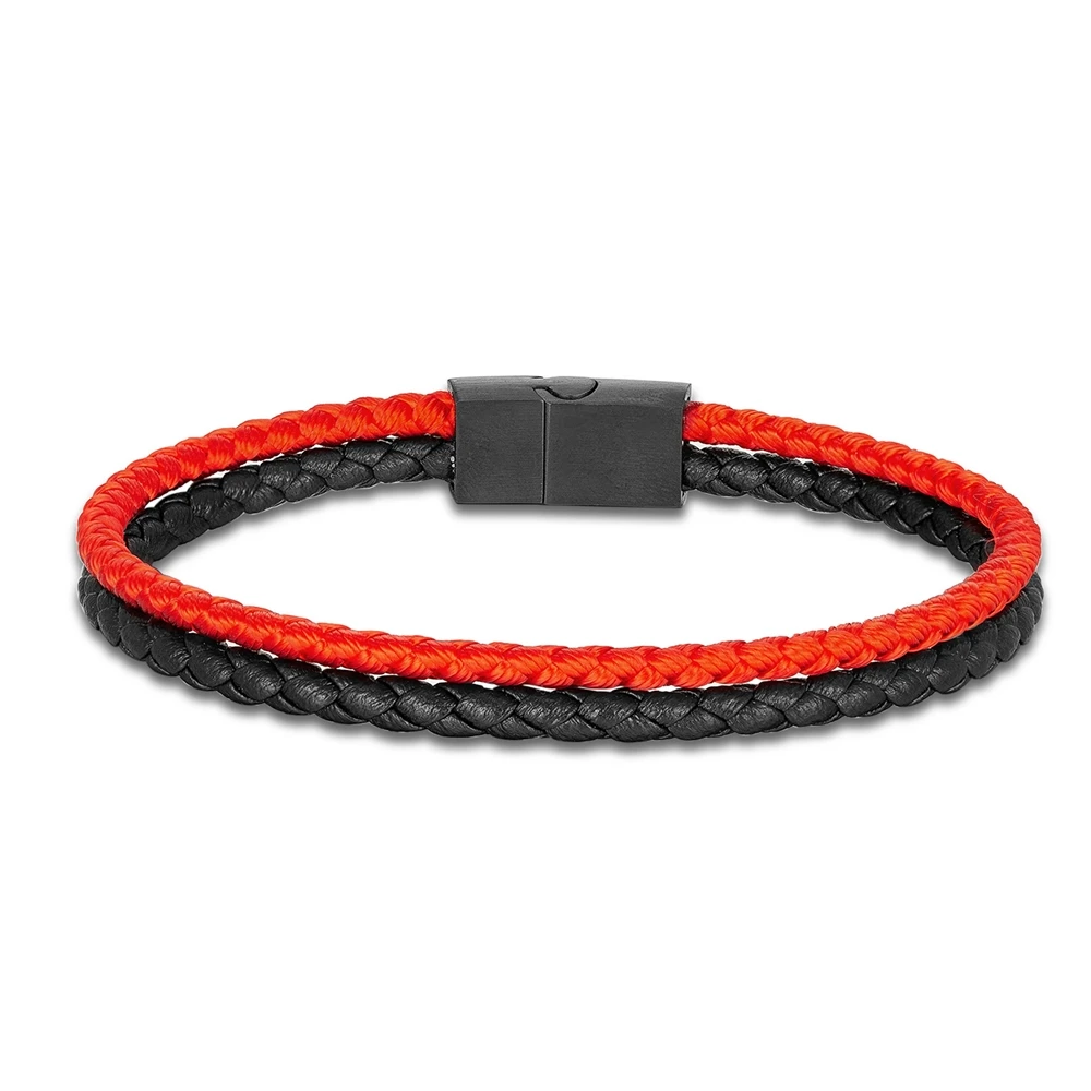 Double Strand Leather Rope Bracelet Minimalist Matte Black Stainless Steel Buckle