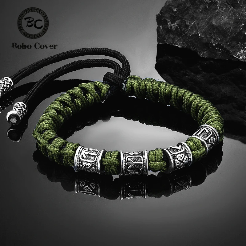 Norse Runes Beads Bracelet Vikings Braided Paracord Rope Wristband for Men