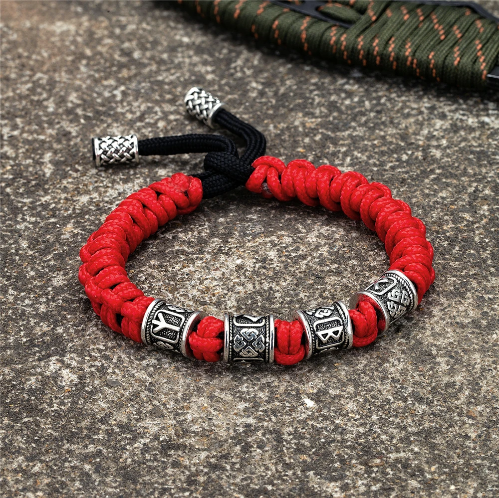 Norse Runes Beads Bracelet Vikings Braided Paracord Rope Wristband for Men