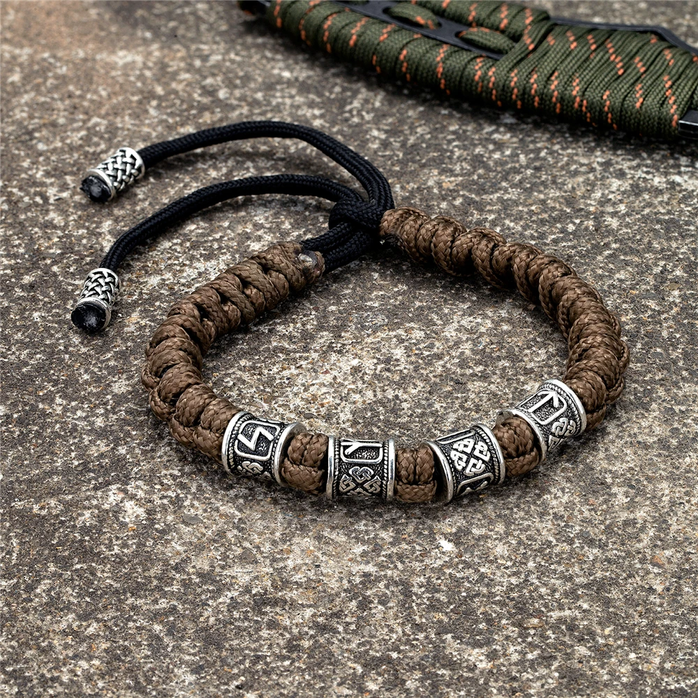 Norse Runes Beads Bracelet Vikings Braided Paracord Rope Wristband for Men