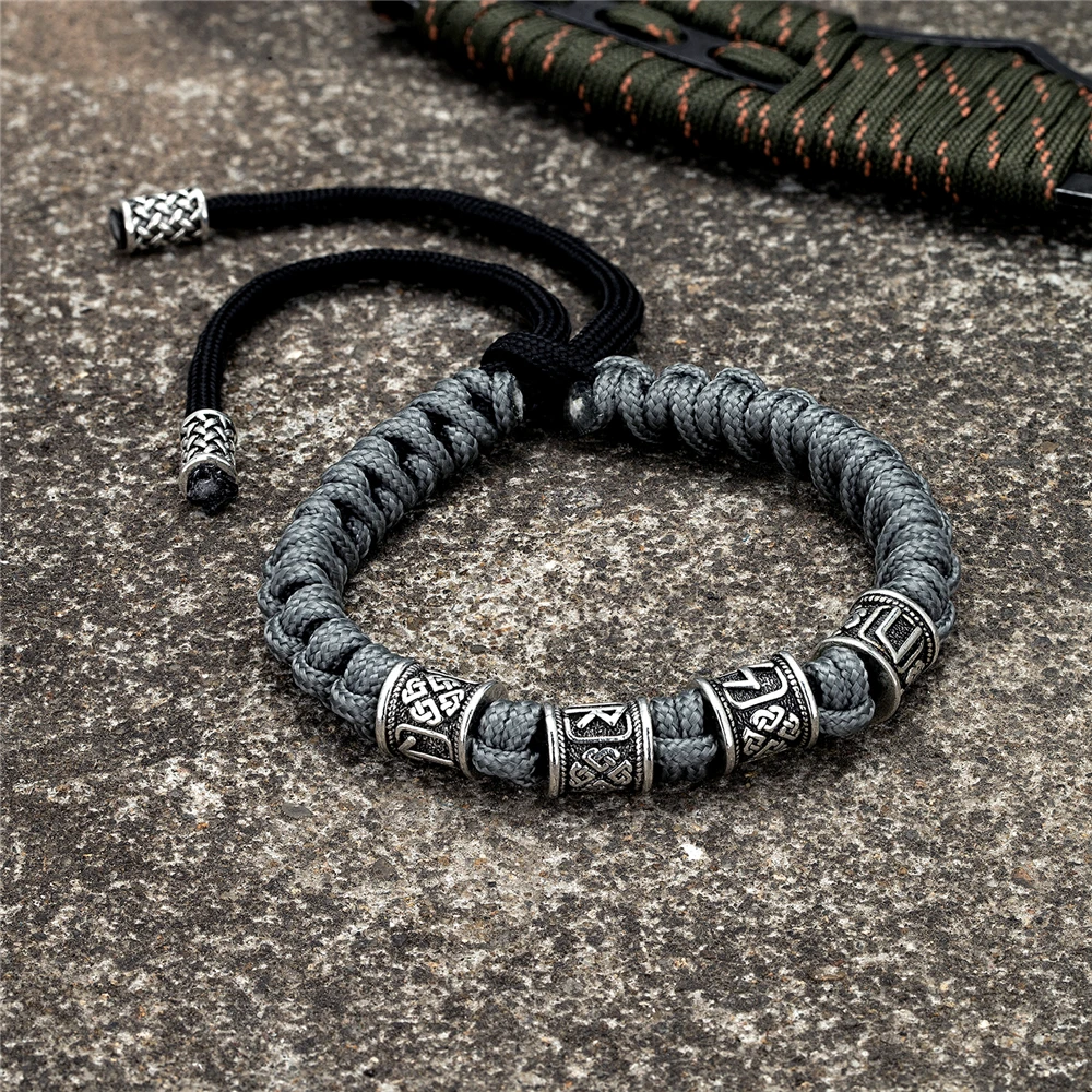 Norse Runes Beads Bracelet Vikings Braided Paracord Rope Wristband for Men