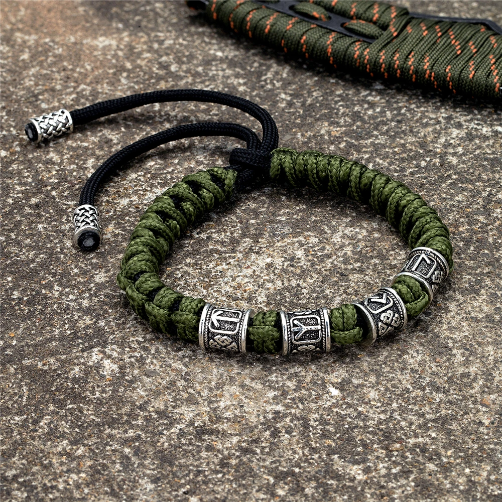 Norse Runes Beads Bracelet Vikings Braided Paracord Rope Wristband for Men