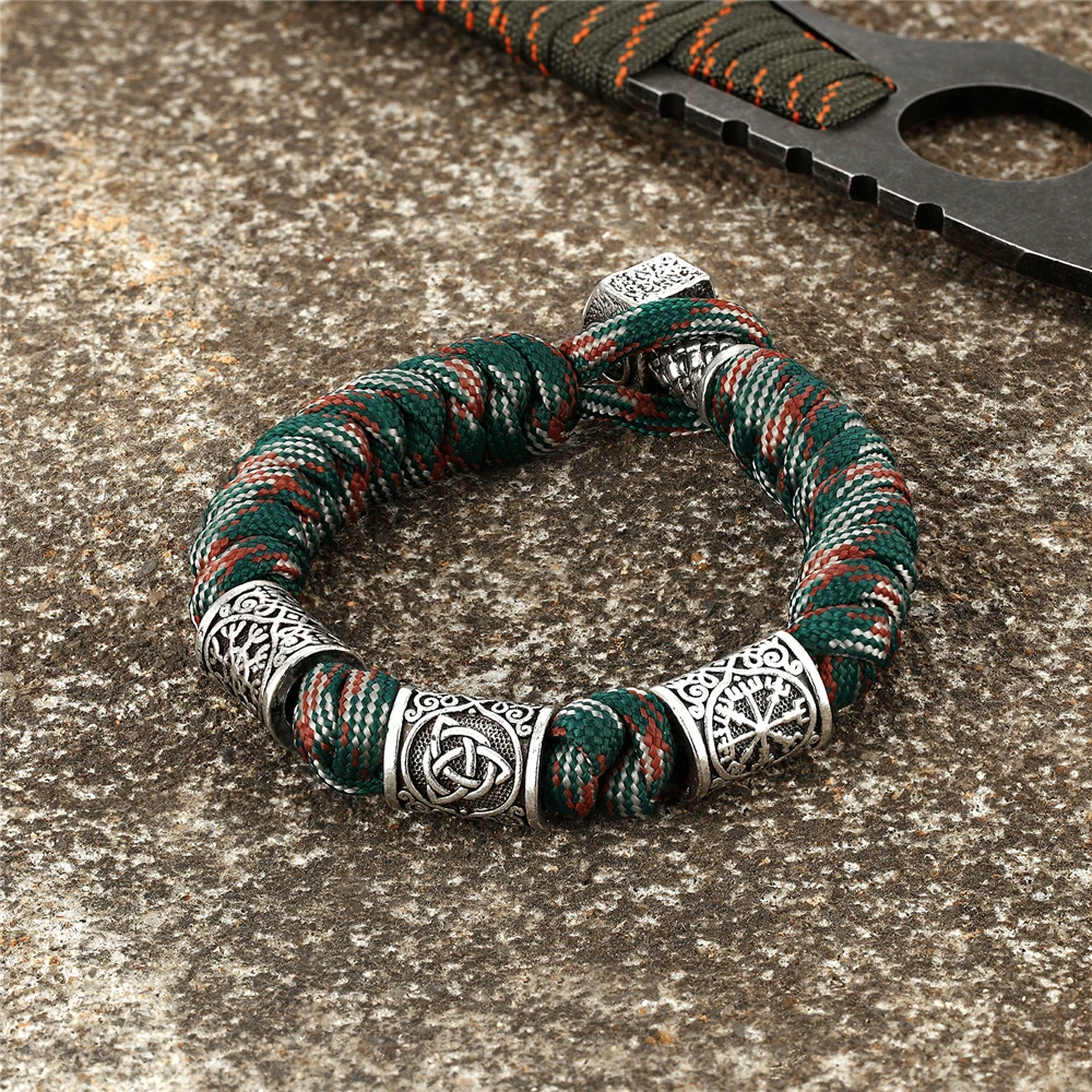 Paracord Rope Survival Bracelet Amulet Compass Trinity Runes Bead