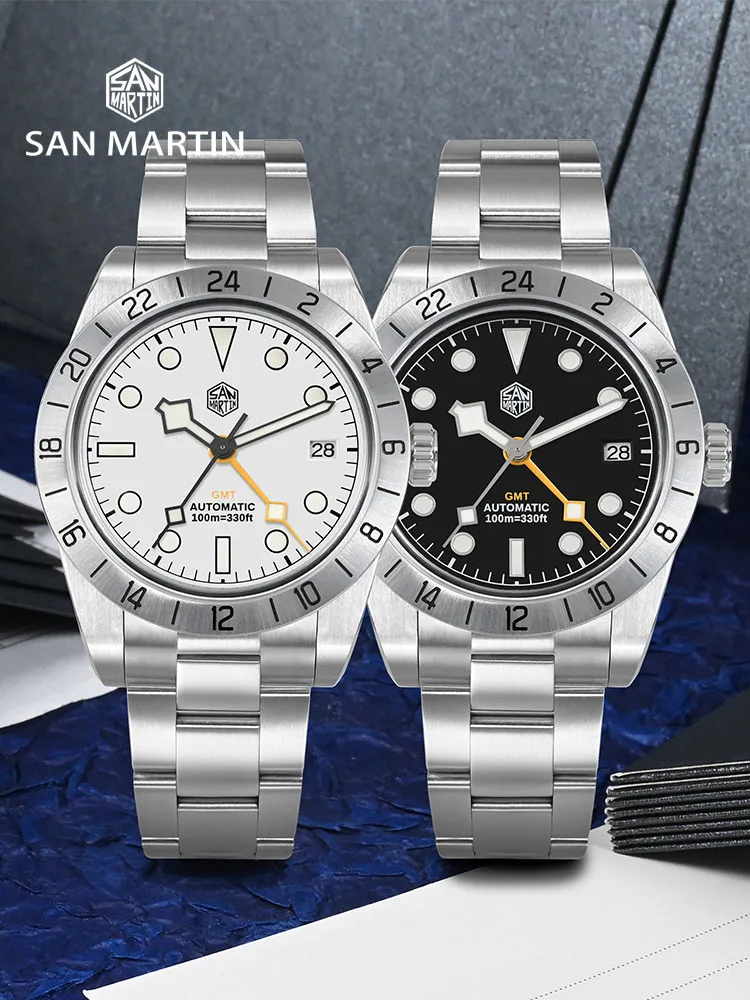 San Martin 39mm Automatic Mechanical BB GMT Watch NH34 Stainless Steel Sport Watch Sapphire Luminous Waterproof for Men