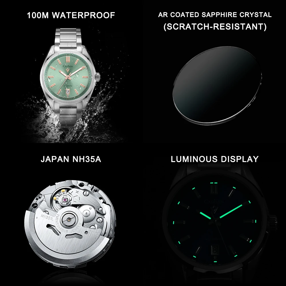 CADISEN C8227M Luminous Men’s Automatic Mechanical Watch NH35 Sapphire Stainless Steel 10Bar Blue Watch