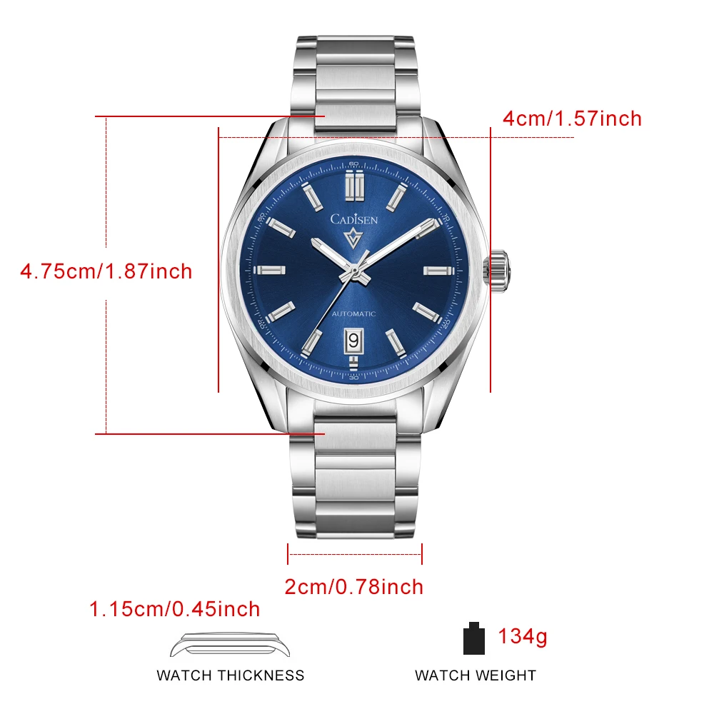 CADISEN C8227M Luminous Men’s Automatic Mechanical Watch NH35 Sapphire Stainless Steel 10Bar Blue Watch