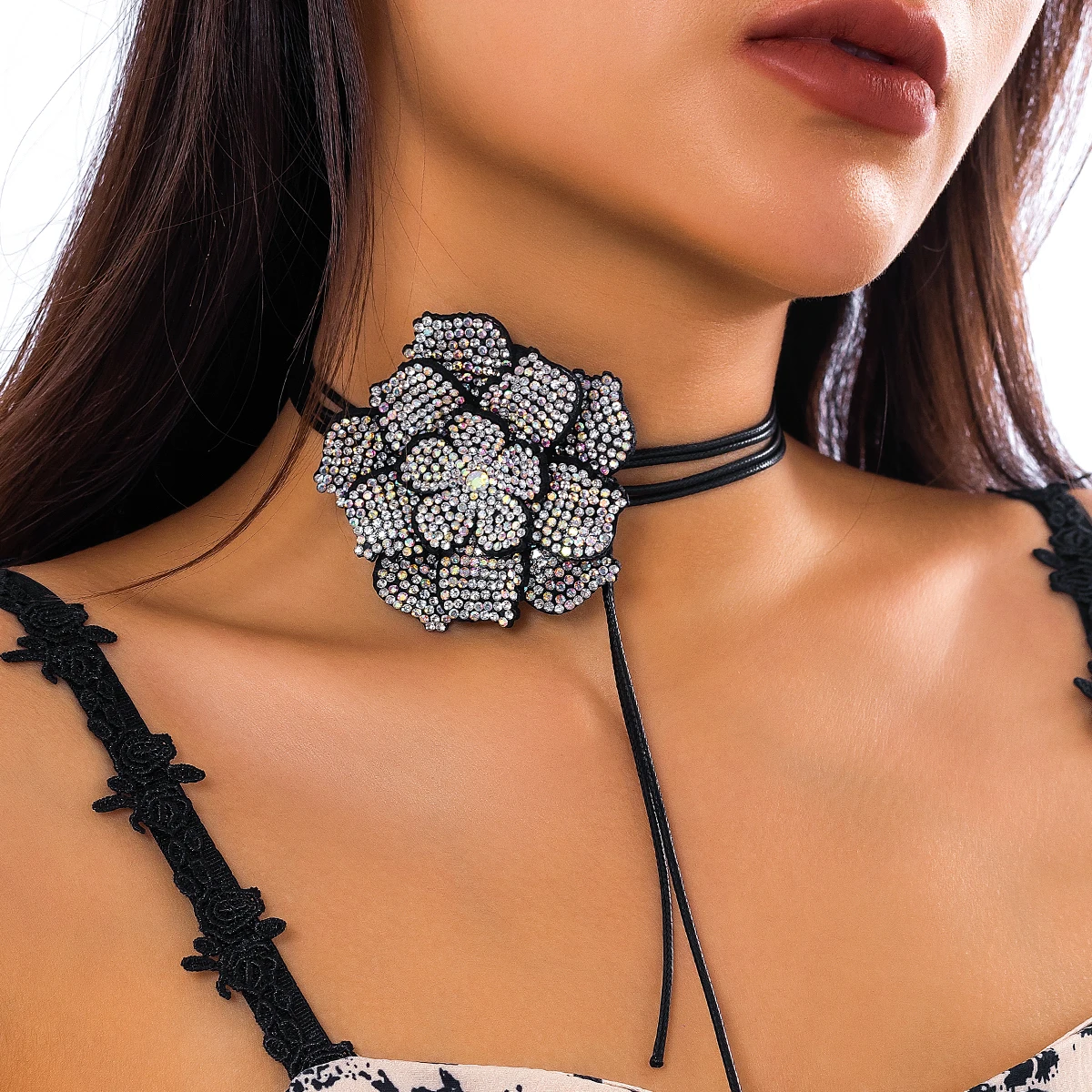 Rhinestone Big Rose Flower Choker Necklace