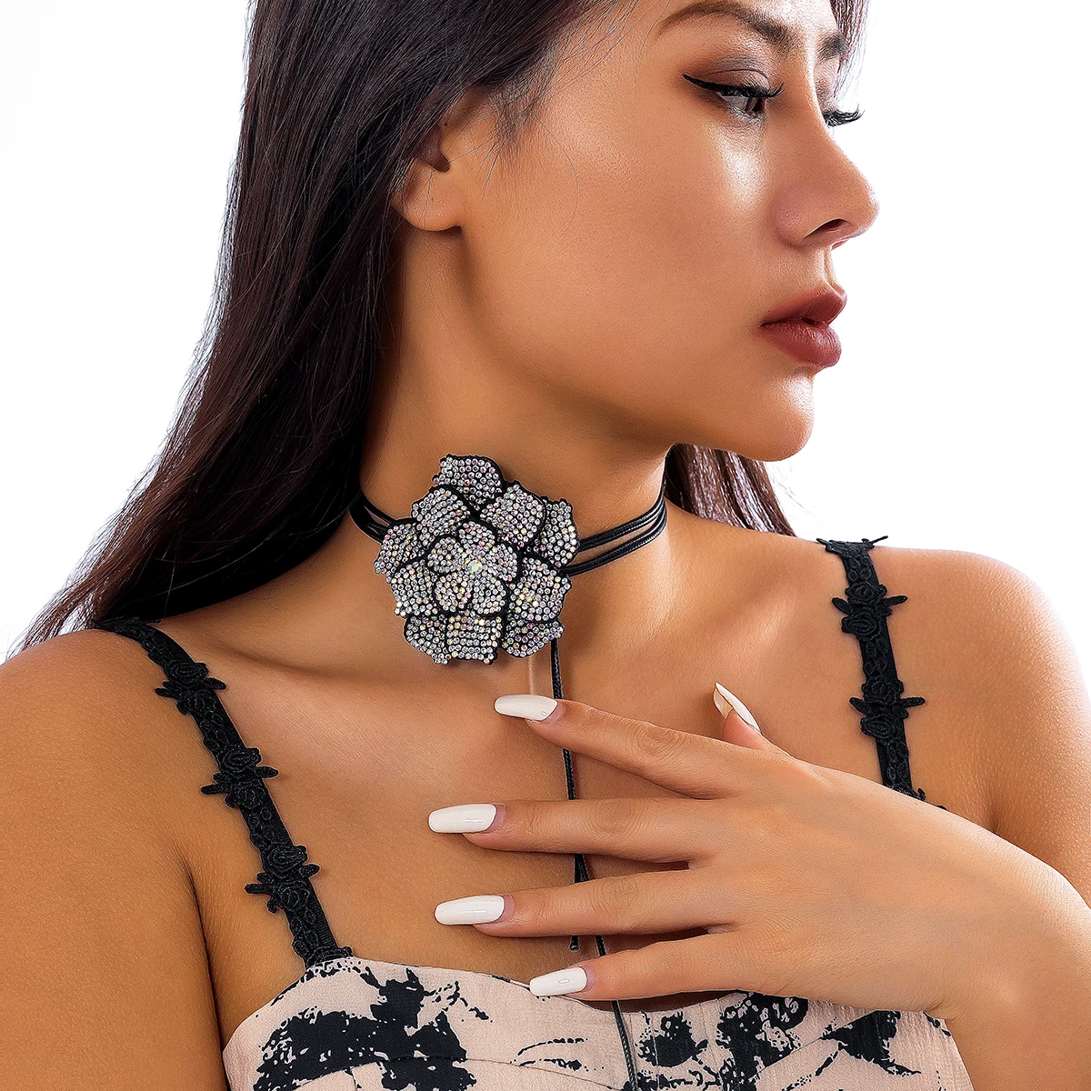 Rhinestone Big Rose Flower Choker Necklace