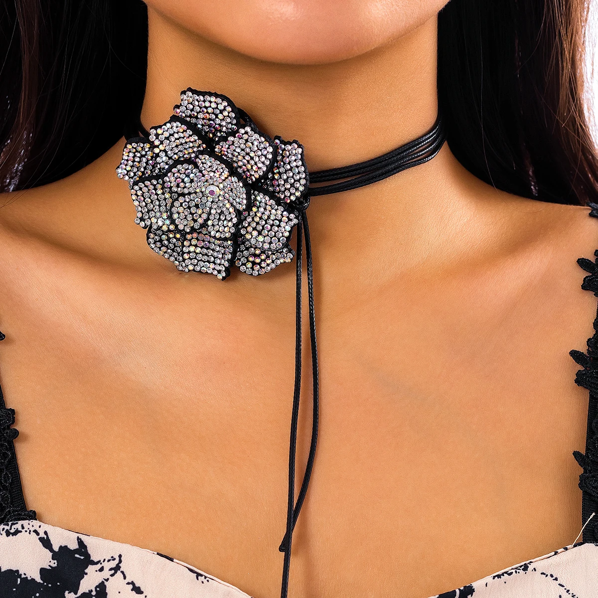 Rhinestone Big Rose Flower Choker Necklace