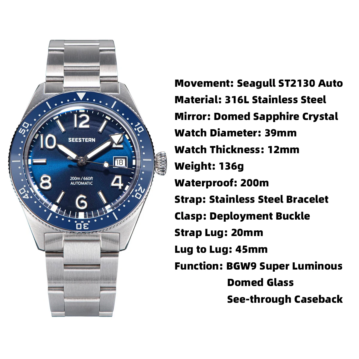 Seestern Men's Automatic Diving Watch - 200m Waterproof NH35 Movement Luminous Dial S435