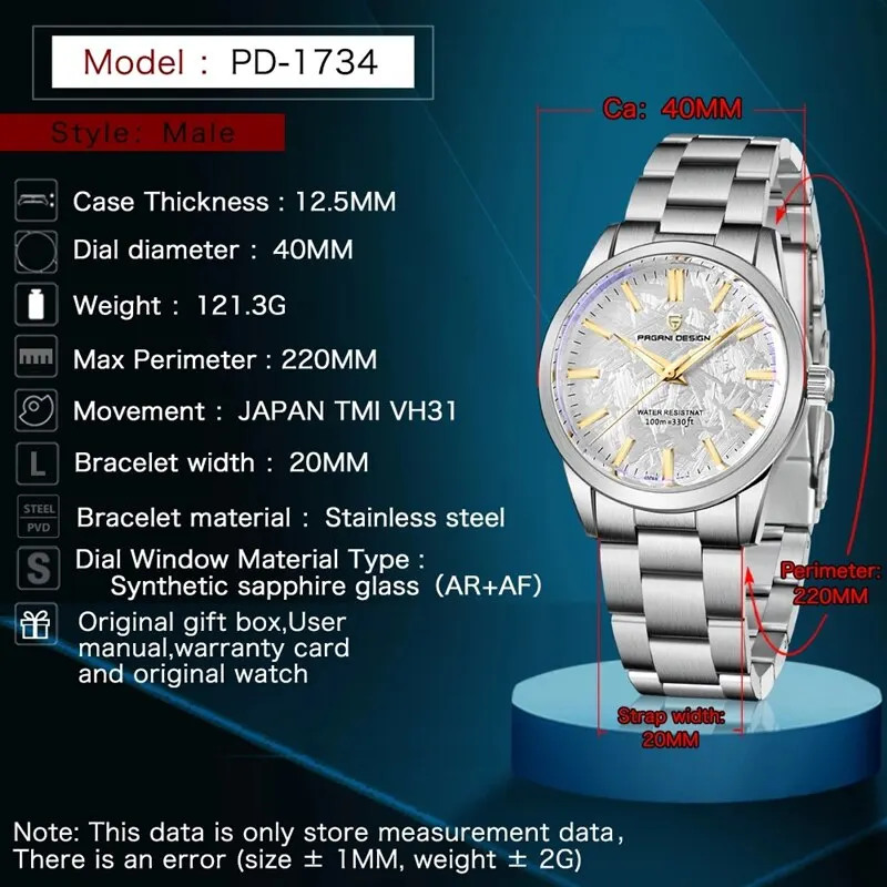 Pagani Design 40mm Men's Quartz Watch Luxury Stainless Steel 100M Waterproof