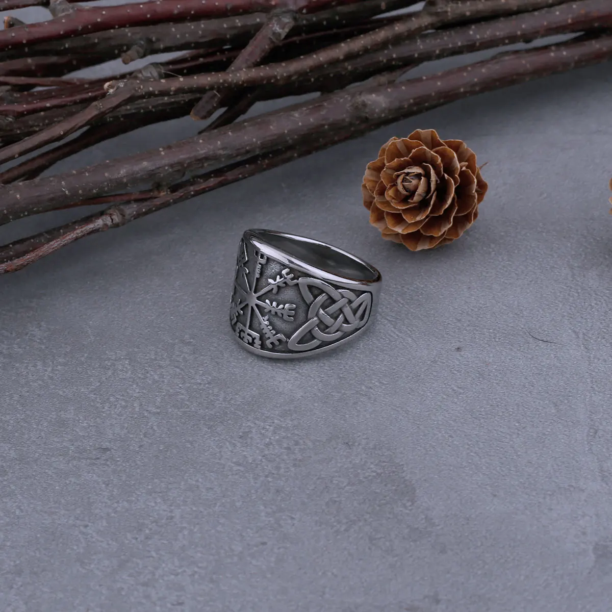 Viking Compass Rune Stainless Steel Ring - Men's Biker Celtic Amulet