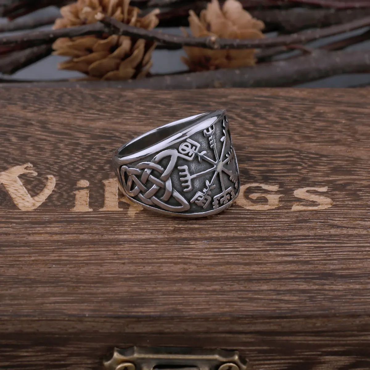 Viking Compass Rune Stainless Steel Ring - Men's Biker Celtic Amulet