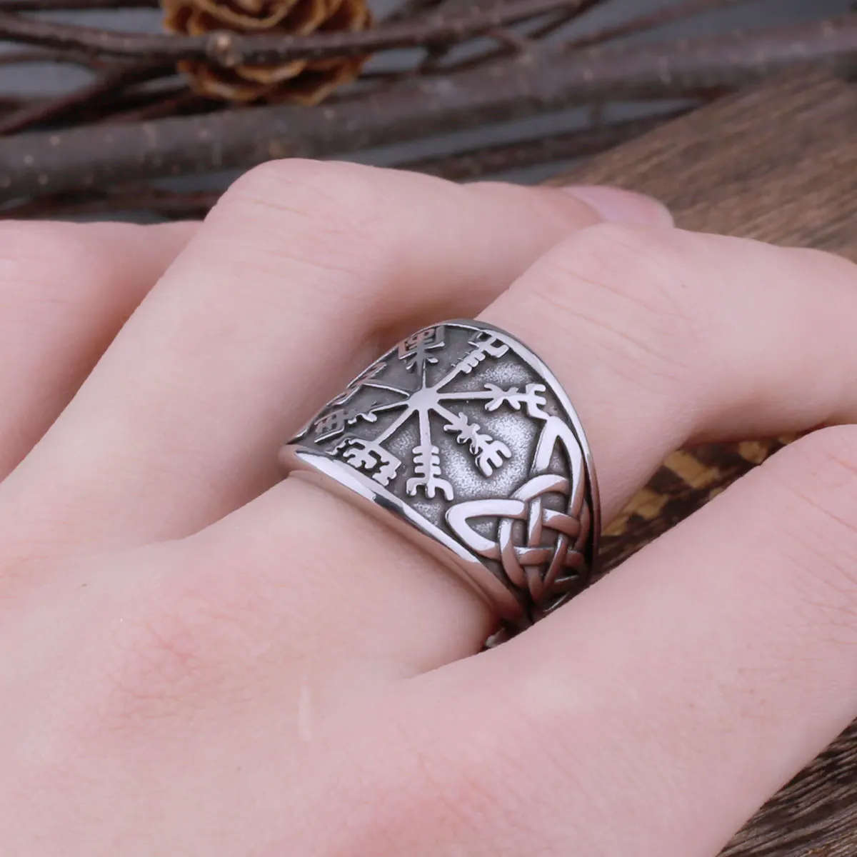 Viking Compass Rune Stainless Steel Ring - Men's Biker Celtic Amulet