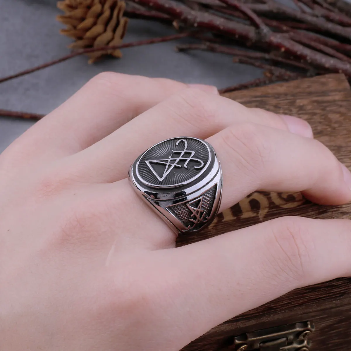 Vintage Stainless Steel Lucifer Ring - Men’s Gothic Amulet Biker Jewelry