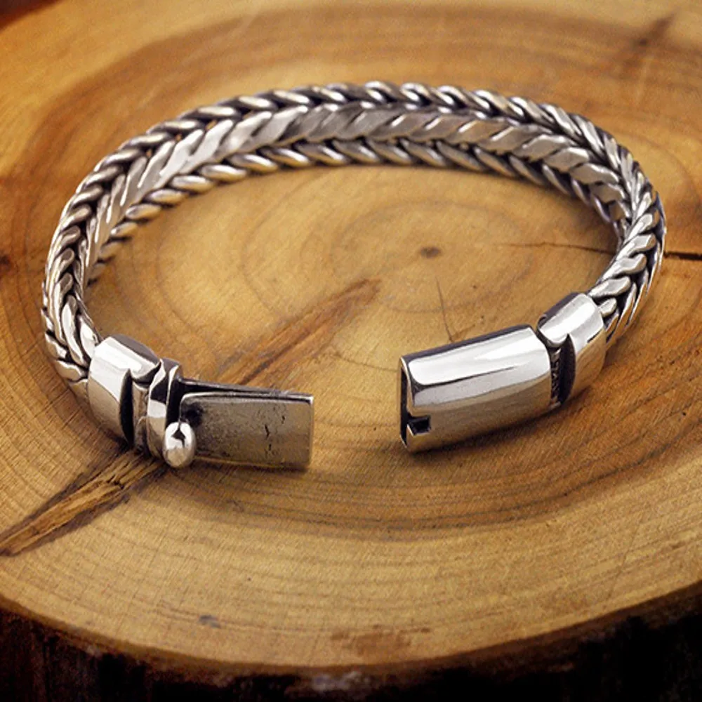 S925 Pure Silver Hand Woven Vintage Men's Bracelet