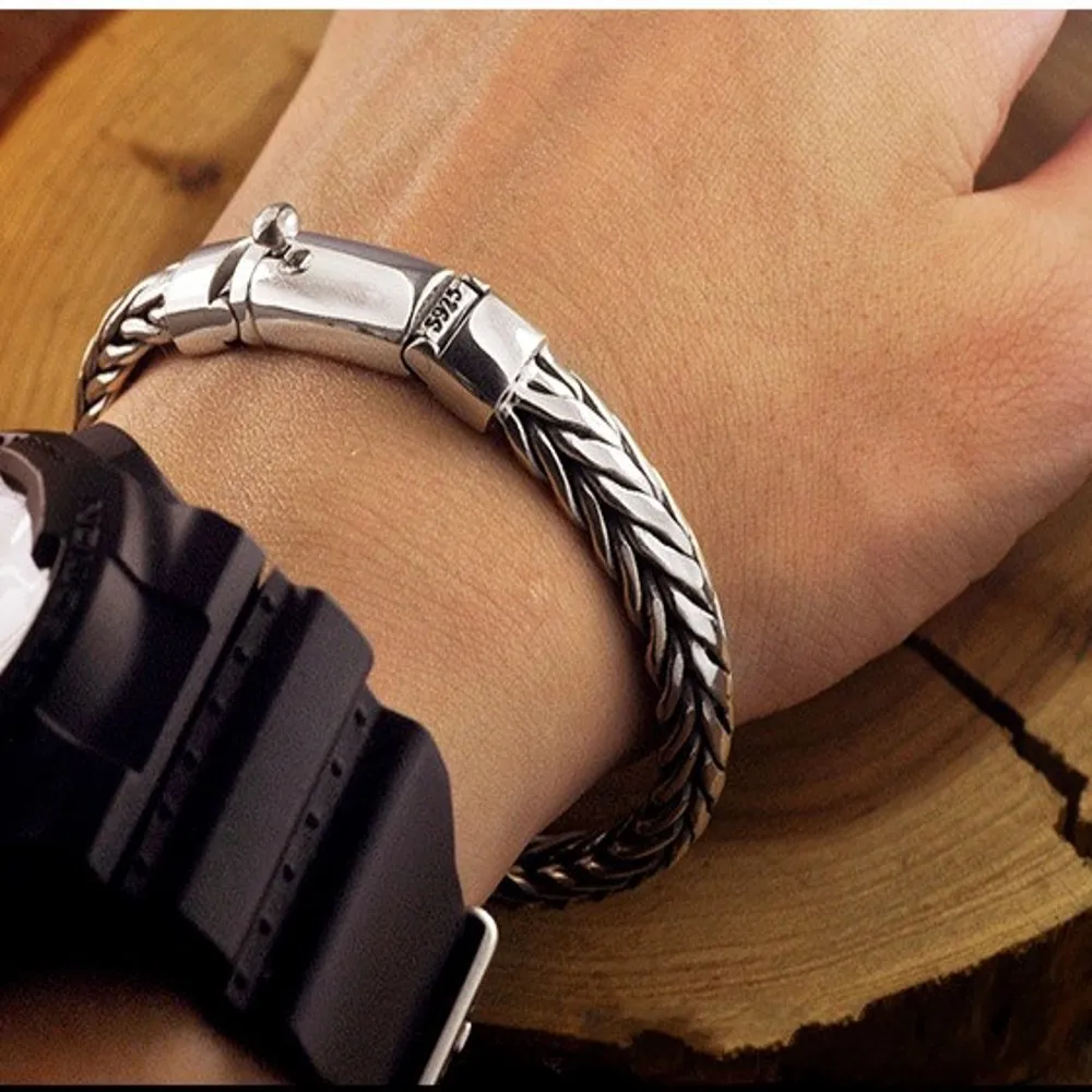 S925 Pure Silver Hand Woven Vintage Men's Bracelet