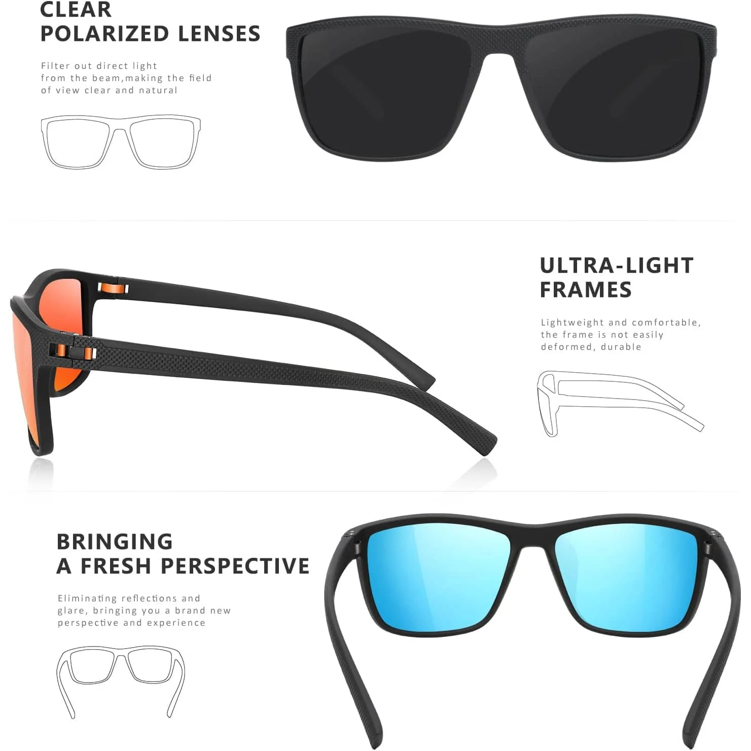 Pack of 3pcs Fashion Square Polarized Sunglasses