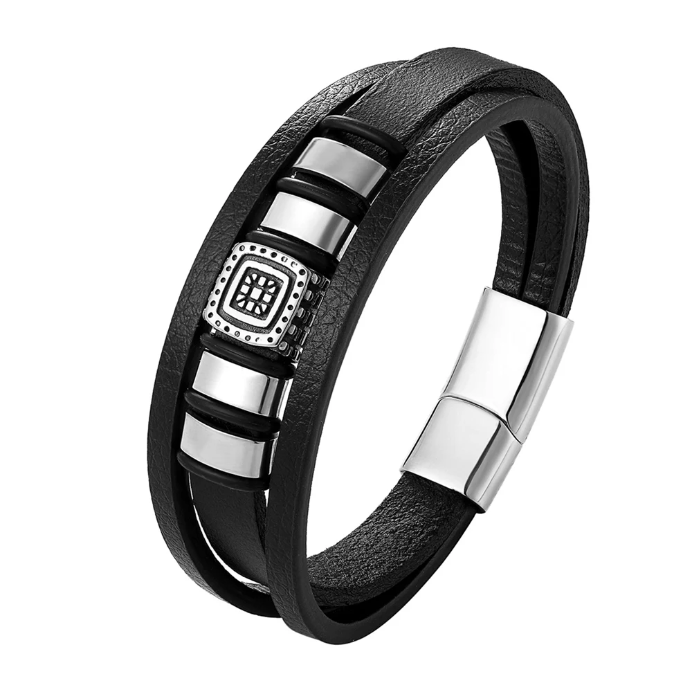 Stainless Steel Men’s Leather Bracelet with Magnetic Clasp