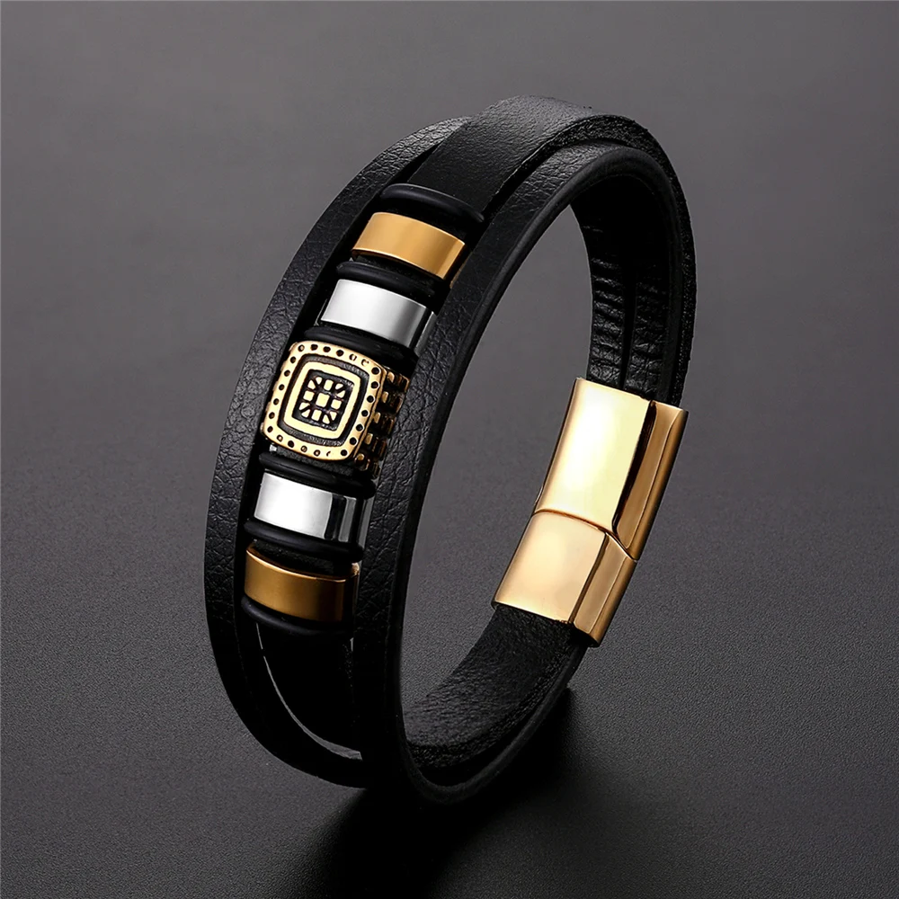 Stainless Steel Men’s Leather Bracelet with Magnetic Clasp