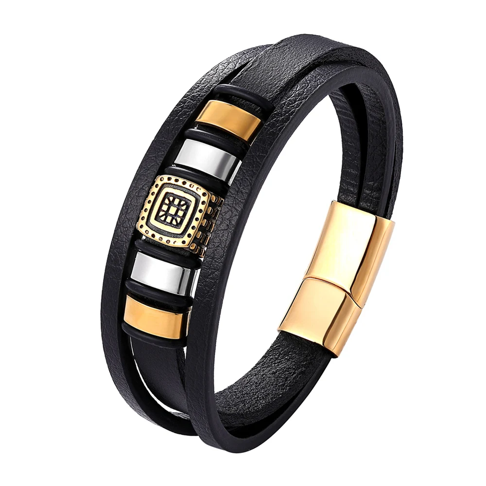 Stainless Steel Men’s Leather Bracelet with Magnetic Clasp